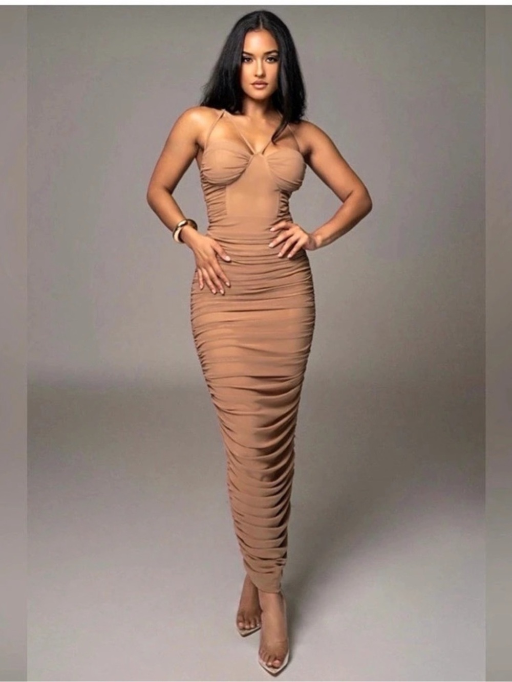 Ruched Maxi Dress in Nude Tan - Like New
